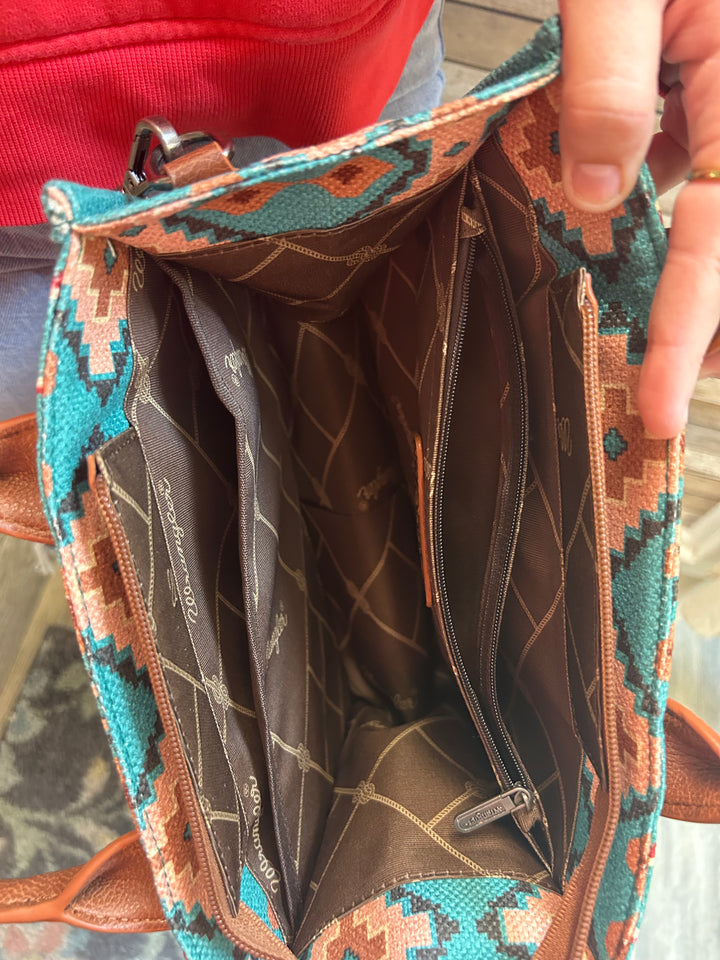 Wrangler Southwestern Print Cross Body Canvas Mini Tote and Wallet in Turquoise