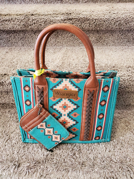 Wrangler Southwestern Print Cross Body Canvas Mini Tote and Wallet in Turquoise