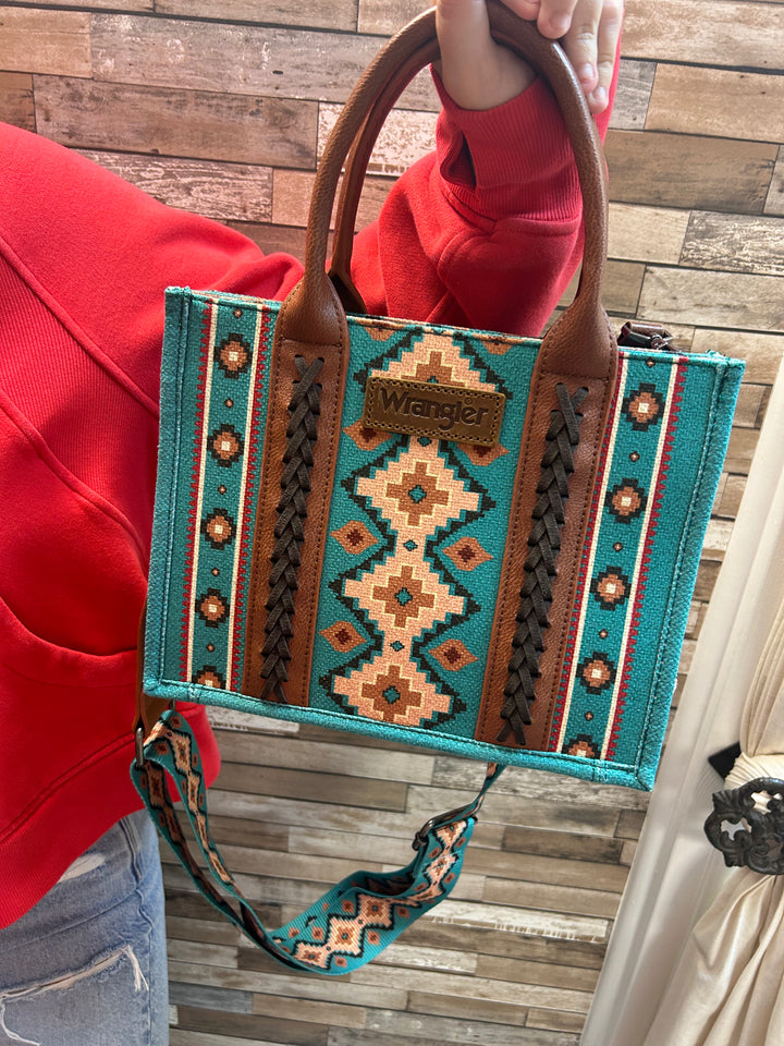 Wrangler Southwestern Print Cross Body Canvas Mini Tote and Wallet in Turquoise