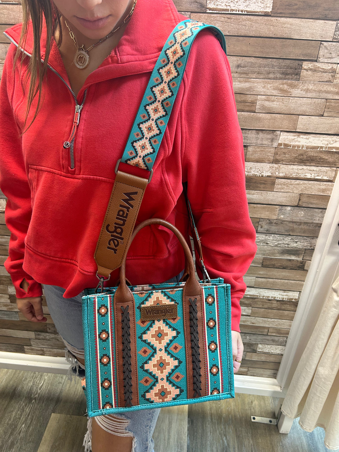 Wrangler Southwestern Print Cross Body Canvas Mini Tote and Wallet in Turquoise