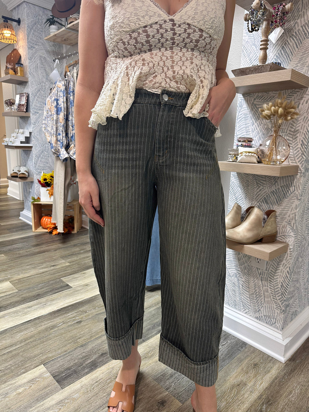 Striped Barrel Jeans-Olive