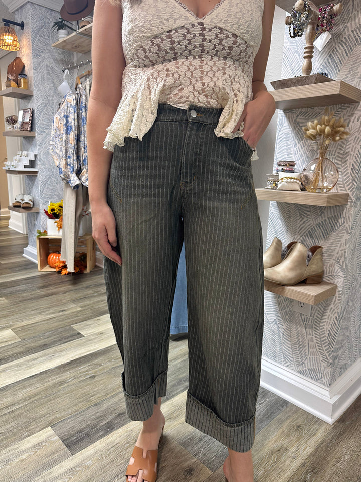 Striped Barrel Jeans-Olive