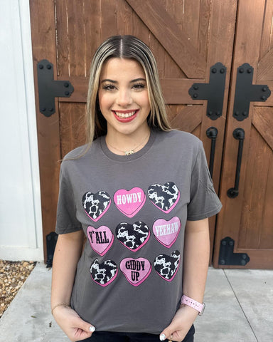 Cowprint and Conversation Hearts Graphic T-shirt