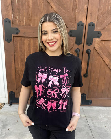 God Says Pink Bow Graphic T-shirt