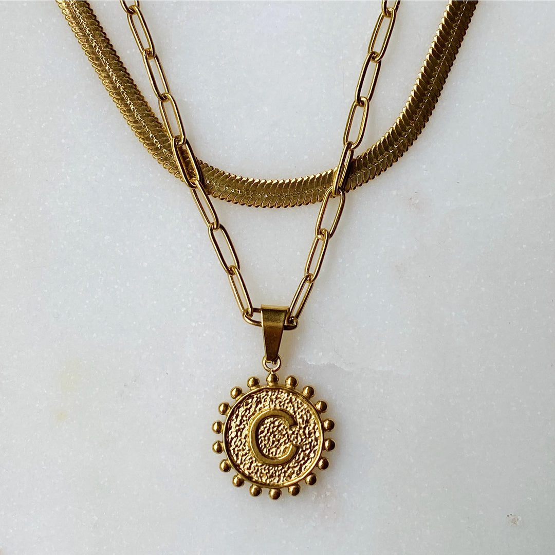 Double Layer Herringbone Initial Necklace