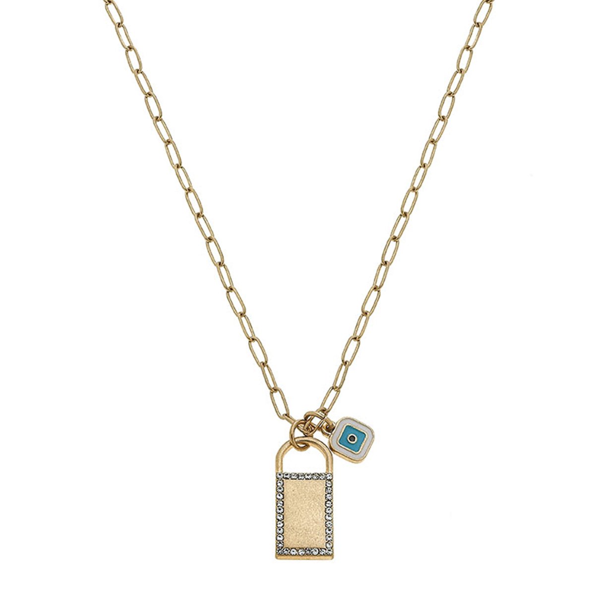 Elena Pavé Padlock Paperclip Chain Necklace in Worn Gold