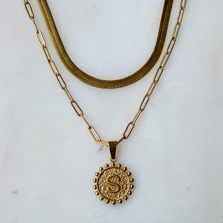 Double Layer Herringbone Initial Necklace