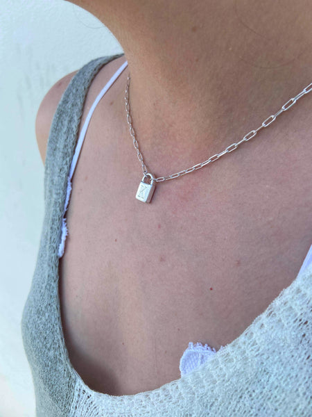 Padlock Initial Necklace- Worn Silver