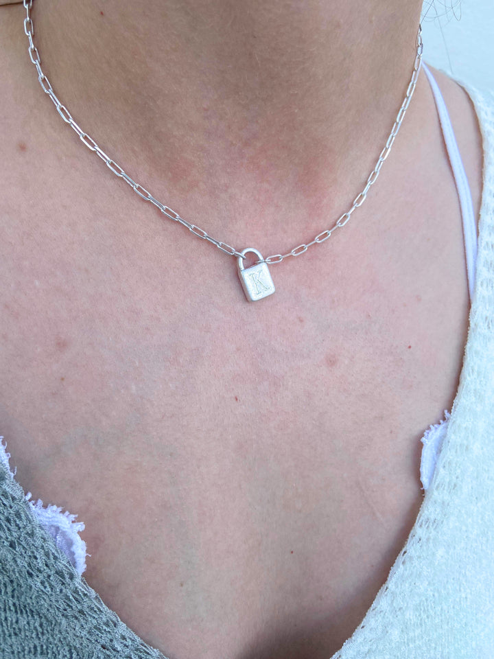 Padlock Initial Necklace- Worn Silver