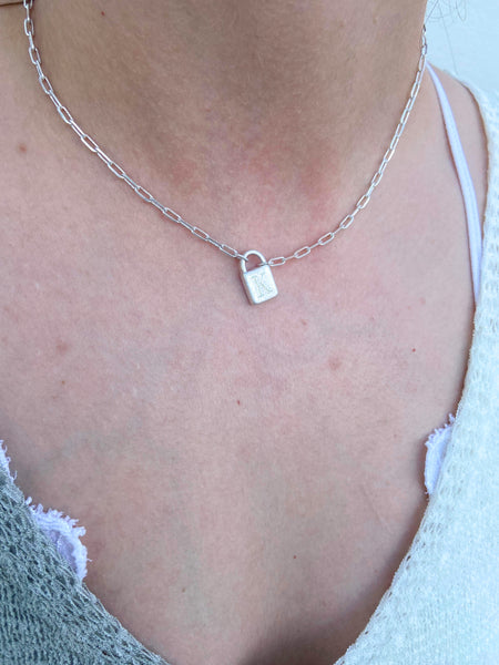 Padlock Initial Necklace- Worn Silver